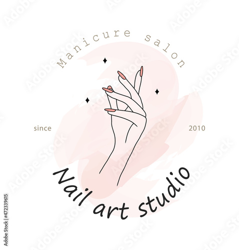 Female manicured hand. Lady painting, polishing nails. Nail polish. Vector Illustration of Elegant female hands in a trendy minimalist style. Beauty logo for nail studio or spa salon.