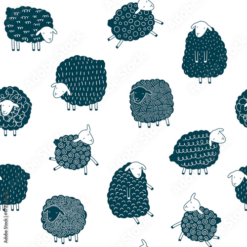 Vector seamless pattern with sheep on a white background. Cute monochrome design print for fabric, paper, wallpaper.