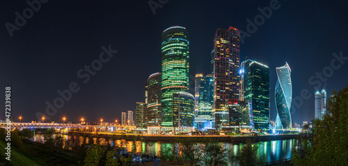 Moscow city at night. Modern skyscrapers in Moscow-city downtown. Moscow, Russia