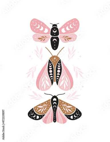 Celestial butterfly vector illustration. Mystical luna moth with moon phases. Magic insect on white background. Design for boho poster, magical card, t shirt print, home decoration, wall art.