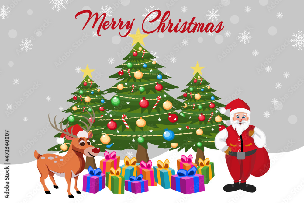 Character Cartoon Cute Christmas Day , Merry christmas happy new year festival ,santa claus hold gift box and cute reindeer, snowflake text invitation card , vector illustration. Character Cartoon Cute Christmas Day , Merry christmas happy new year festival ,santa claus hold gift box and cute reindeer, snowflake text invitation card , vector illustration.