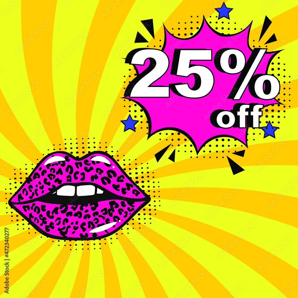 Fototapeta premium Pop art comic sale discount promotion banner. 25 percent off. Comic text 25 percent sale set discount. Promo sale twenty five percent poster