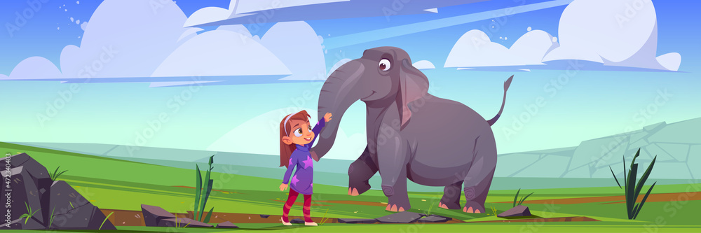 Ταπετσαρία Little girl caress elephant at nature landscape, cute cartoon child and animal f