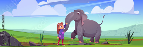 Little girl caress elephant at nature landscape, cute cartoon child and animal friends characters game or book personages, mammal wild jungle creature at panoramic view background Vector illustration
