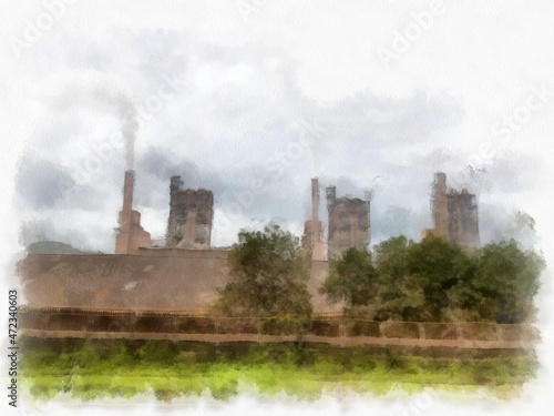 big factory in the valley watercolor style illustration impressionist painting.