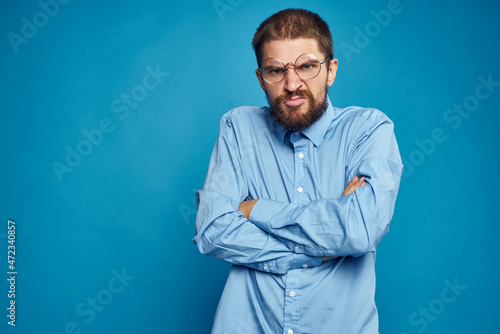 business man with glasses emotions blue background