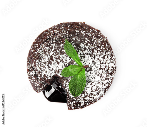 Delicious fresh fondant with hot chocolate and mint isolated on white, top view