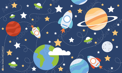 Space Seamless Pattern. Planets, stars, spaceship, rocket vector illustration.