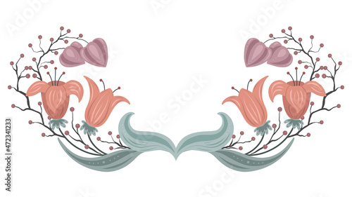 Delicate frame with flowers, berries and physalis. Crown in tender colors with white ornament. Vector floral template with bouquets wreath for card and invitation