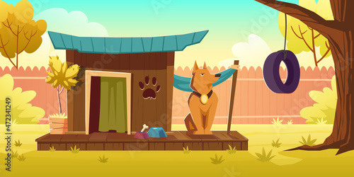 Dog sitting near wooden kennel at house backyard, canine domestic animal at doghouse with curtained entrance, wood terrace and bowls with food and bone at summer garden, Cartoon vector illustration