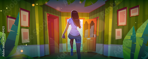 Woman escape home into open door with ocean view outside. Time to travel, freedom, adventure, end of pandemic, journey concept with running girl rear view at house interior Cartoon vector illustration