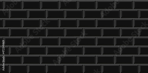 Black subway tile seamless pattern. Wall with brick texture. Vector geometric background design
