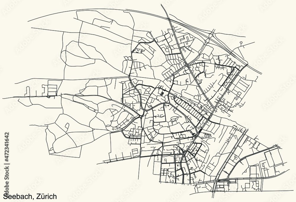 Fototapeta premium Detailed navigation urban street roads map on vintage beige background of the district Seebach Quarter of the Swiss regional capital city of Zurich, Switzerland