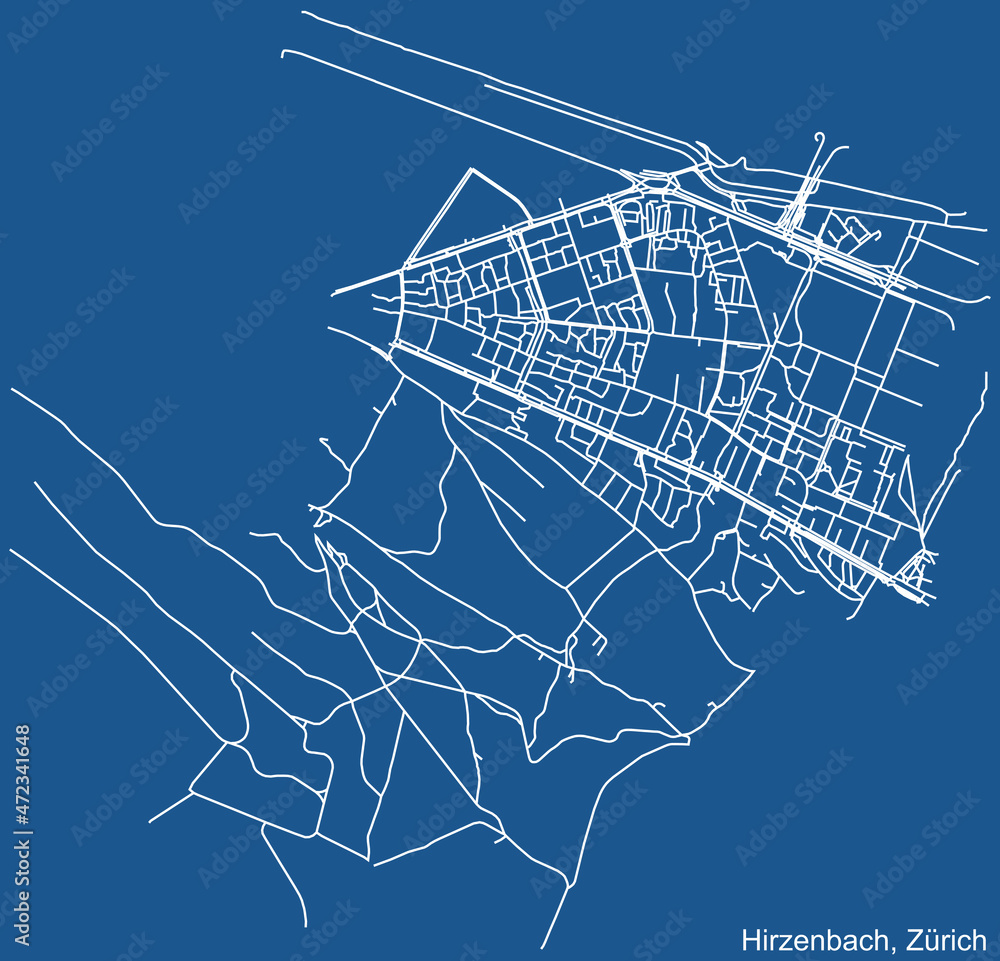 Detailed technical drawing navigation urban street roads map on blue background of the district Hirzenbach Quarter of the Swiss regional capital city of Zurich, Switzerland