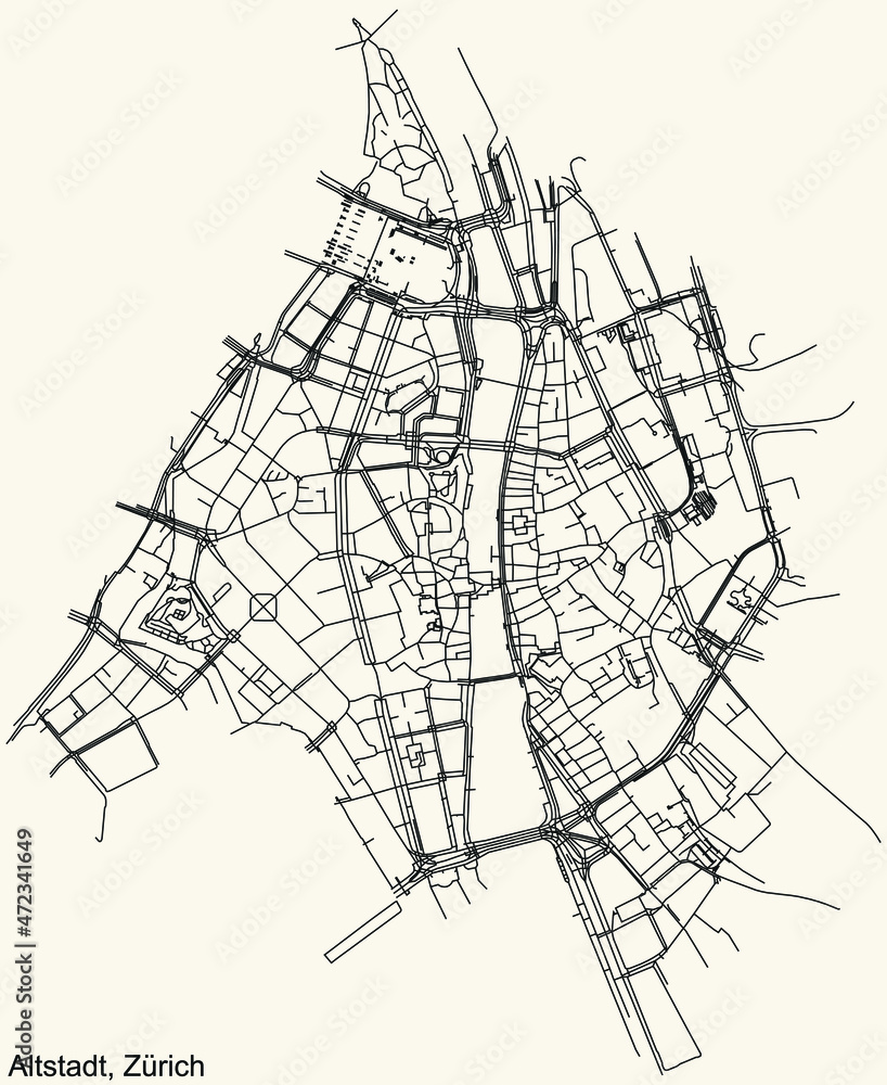 Detailed navigation urban street roads map on vintage beige background of the quarter Kreis 1 Altstadt District of the Swiss regional capital city of Zurich, Switzerland