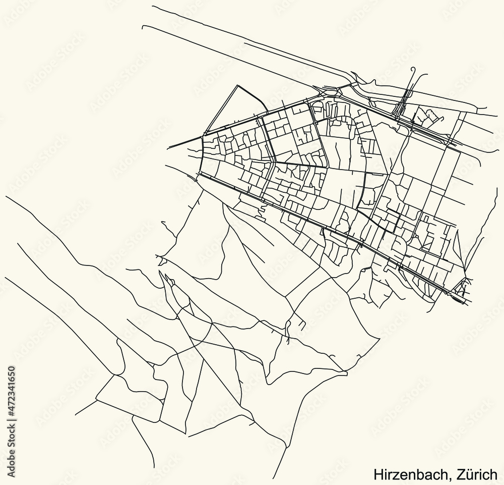 Detailed navigation urban street roads map on vintage beige background of the district Hirzenbach Quarter of the Swiss regional capital city of Zurich, Switzerland