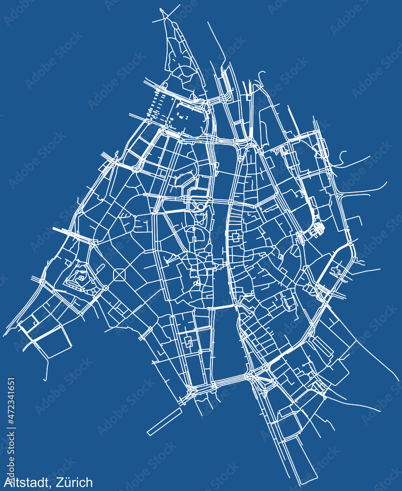 Detailed technical drawing navigation urban street roads map on blue background of the quarter Kreis 1 Altstadt District of the Swiss regional capital city of Zurich, Switzerland