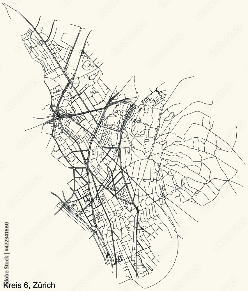 Fototapeta premium Detailed navigation urban street roads map on vintage beige background of the quarter Kreis 6 District of the Swiss regional capital city of Zurich, Switzerland