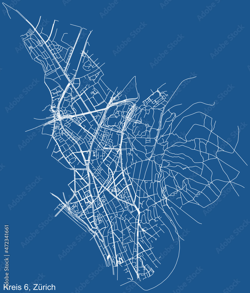 Detailed technical drawing navigation urban street roads map on blue background of the quarter Kreis 6 District of the Swiss regional capital city of Zurich, Switzerland