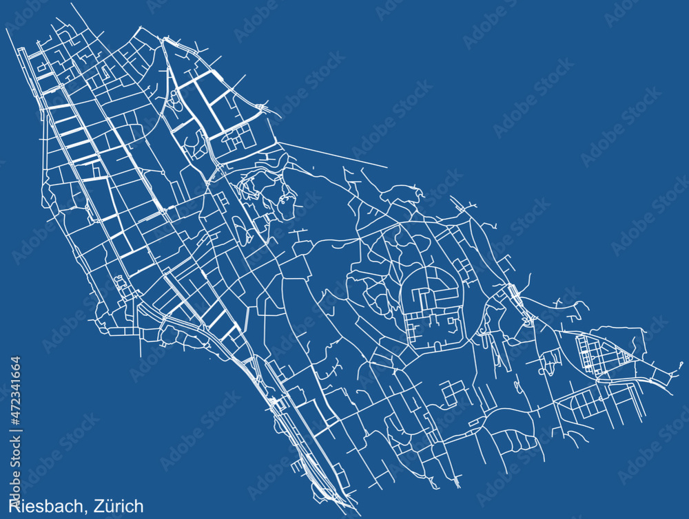Detailed technical drawing navigation urban street roads map on blue background of the quarter Kreis 8 Riesbach District of the Swiss regional capital city of Zurich, Switzerland