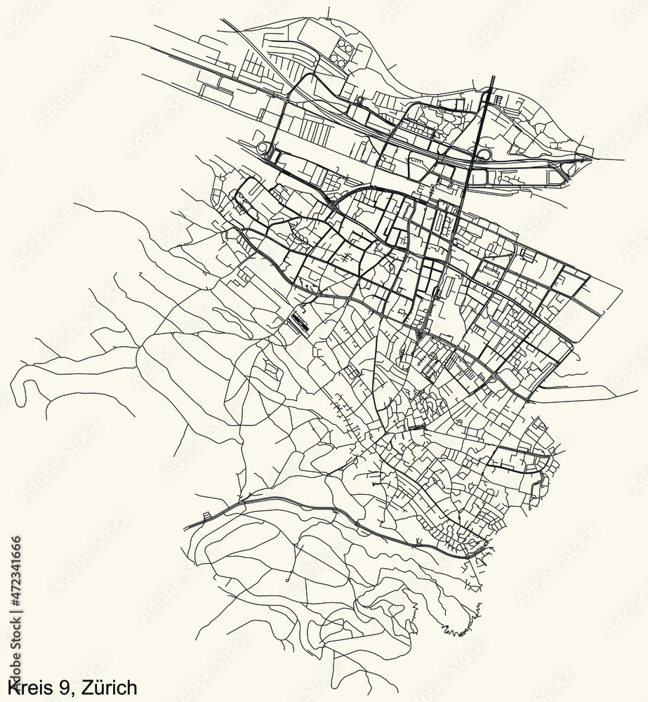 Fototapeta premium Detailed navigation urban street roads map on vintage beige background of the quarter Kreis 9 District of the Swiss regional capital city of Zurich, Switzerland