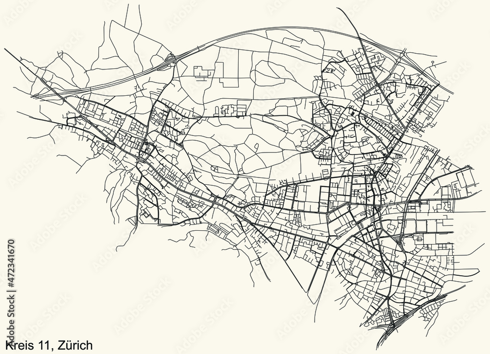 Fototapeta premium Detailed navigation urban street roads map on vintage beige background of the quarter Kreis 11 District of the Swiss regional capital city of Zurich, Switzerland