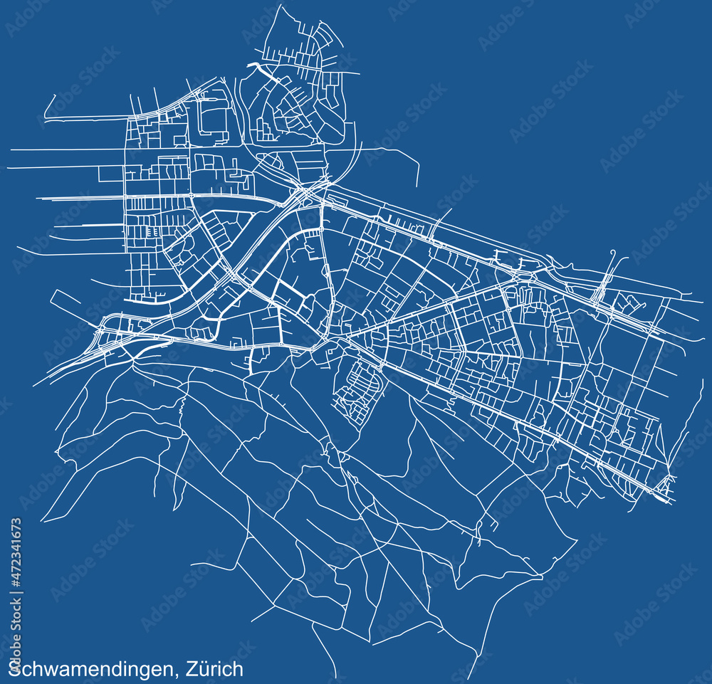 Detailed technical drawing navigation urban street roads map on blue background of the quarter Kreis 12 Schwamendingen District of the Swiss regional capital city of Zurich, Switzerland