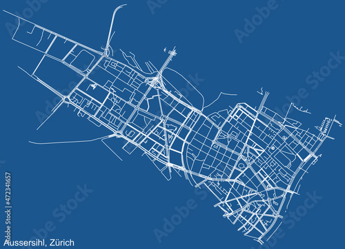 Detailed technical drawing navigation urban street roads map on blue background of the quarter Kreis 4 Aussersihl District of the Swiss regional capital city of Zurich, Switzerland photo