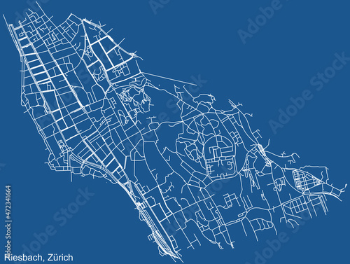 Detailed technical drawing navigation urban street roads map on blue background of the quarter Kreis 8 Riesbach District of the Swiss regional capital city of Zurich, Switzerland