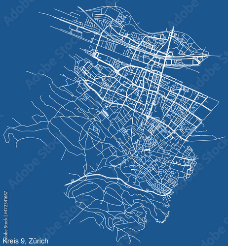 Detailed technical drawing navigation urban street roads map on blue background of the quarter Kreis 9 District of the Swiss regional capital city of Zurich, Switzerland