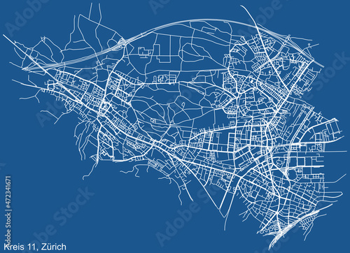 Detailed technical drawing navigation urban street roads map on blue background of the quarter Kreis 11 District of the Swiss regional capital city of Zurich, Switzerland