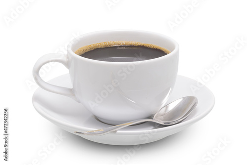 white coffee cup and spoon on coasters isolated on white background