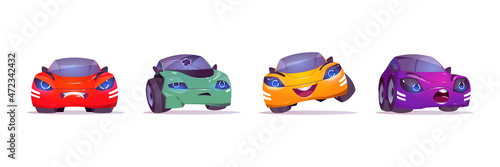 Cartoon car characters express happy or sad emotions, cute automobile emoticons with smiling face, unhappy transport with broken windshield isolated on white background, Vector illustration, icons set