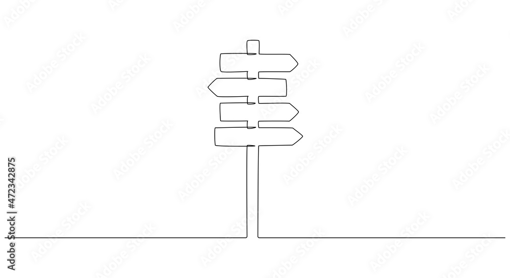 One Continuous line drawing of Road direction signpost arrows to the right and left isolated on white. Pointer symbol, editable stroke. Vector illustration for web banner, design template, postcard - obrazy, fototapety, plakaty 