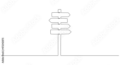 One Continuous line drawing of Road direction signpost arrows to the right and left isolated on white. Pointer symbol, editable stroke. Vector illustration for web banner, design template, postcard