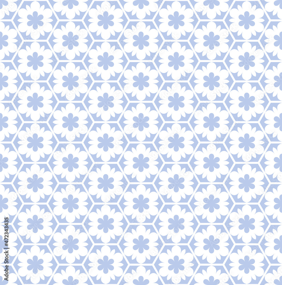 Seamless hexagons and flowers pattern. Abstract blue floral texture.