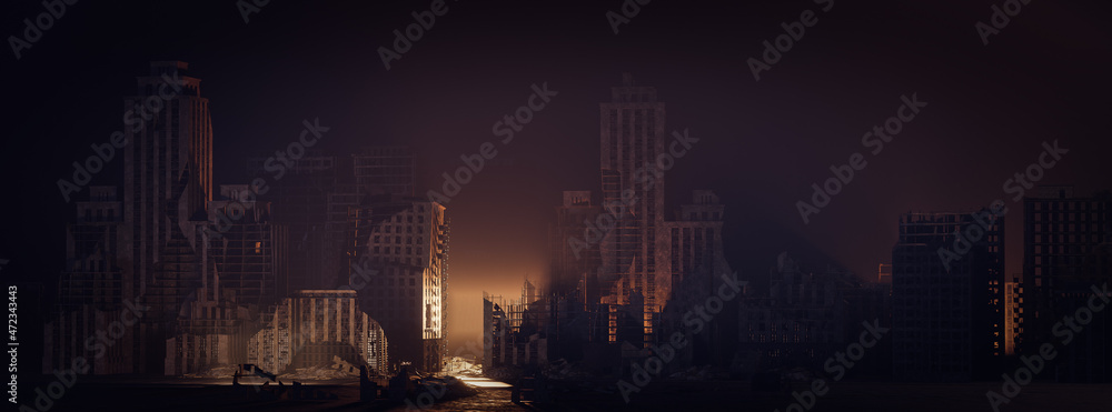 Science fiction city dystopia panorama / 3D illustration of futuristic post apocalyptic sci-fi city ruins under bright sky