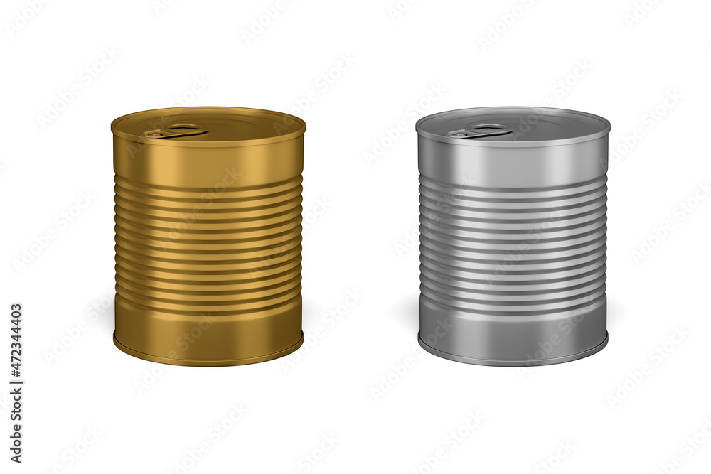 Large tin can side view isolated on white background. Food tin can with corrugated surface. Mockup. 3d rendering.