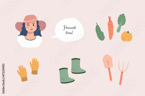Hand drawn lovely young farmer different vegetables and garden tools