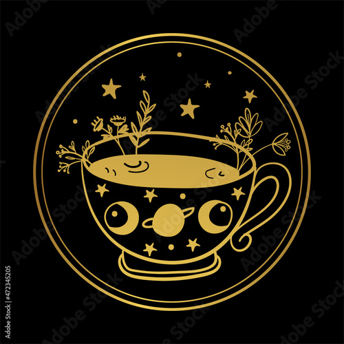 Round gold icon on a black background. Mug with magic space tea and stars. Boho illustration with hand for astrology, prediction, witch. Mystical vector illustration.