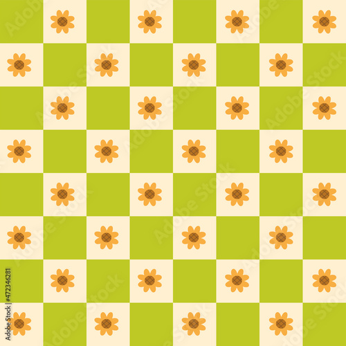 Cute Yellow Sunflower Element Green Ivory Beige Offwhite Check Checked Checkered Gingham Pattern Editable Stroke. Cartoon Illustration, Mat, Fabric, Textile, Scarf, Wrapping Paper. 