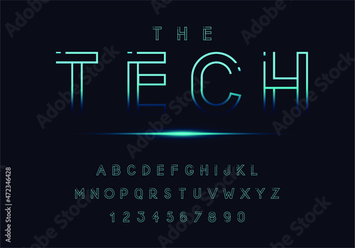 Technology neon font and alphabet. Digital space concept. photo