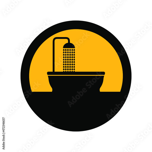 Bath and shower, black and yellow colors, round sign for design on a white background, vector illustration