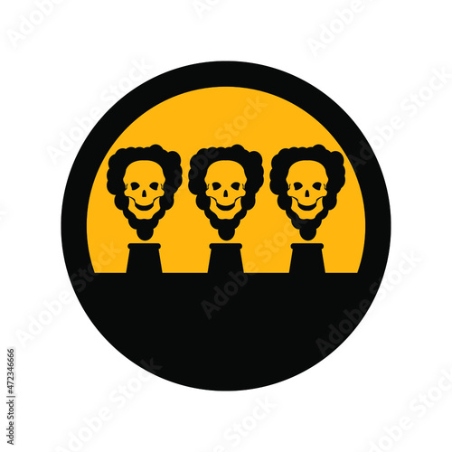 Smoke from industrial pipes and skull, black and yellow colors, round sign for design on a white background, vector illustration