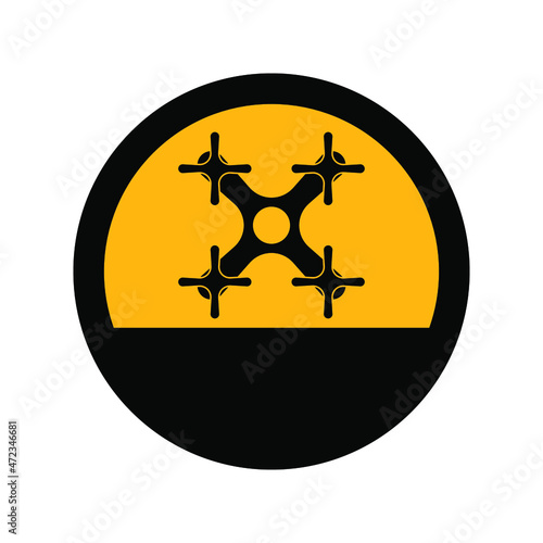 Quadrocopter or drone, black and yellow colors, round sign for design on a white background, vector illustration