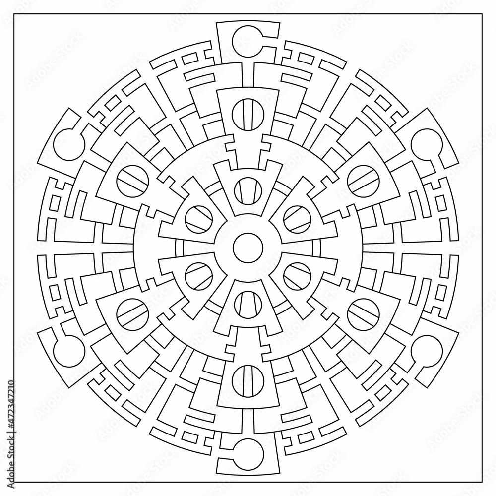 Simple mandala designs to color. Coloring pages for adults. Hexagonal drawing from 6 fold rotational symmetry of various shapes. Tile pattern in Line Art style. EPS8. #393