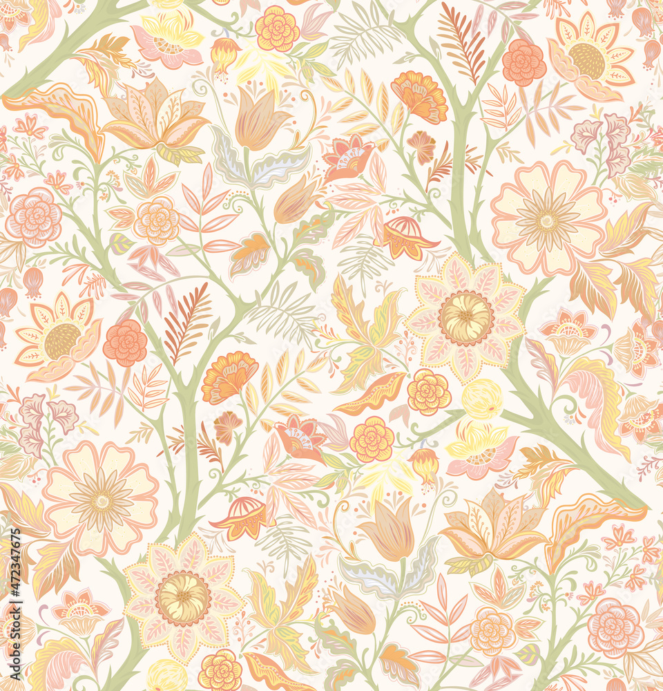 Seamless pattern with stylized ornamental flowers in retro, vintage style. Vector illustration in soft colors Seamless pattern with stylized ornamental flowers in retro, vintage style. Vector illustration in soft colors