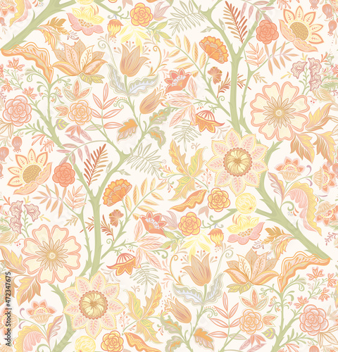 Seamless pattern with stylized ornamental flowers in retro, vintage style. Vector illustration in soft colors