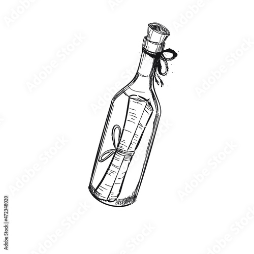 vector outline or hand image, with the theme of the letter message in a bottle