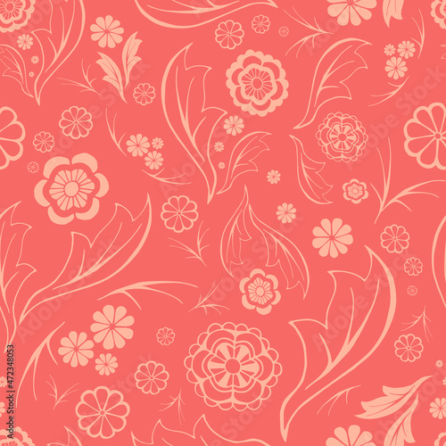 Outline doodle flowers random seamless pattern. Pastel pink floral motifs irregular repeat surface design. Light beige contour endless texture for interior  textile  gift paper or copybook